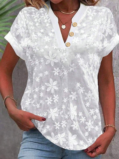 V Neck Embroidery Simple Cotton Plain Loose Blouse