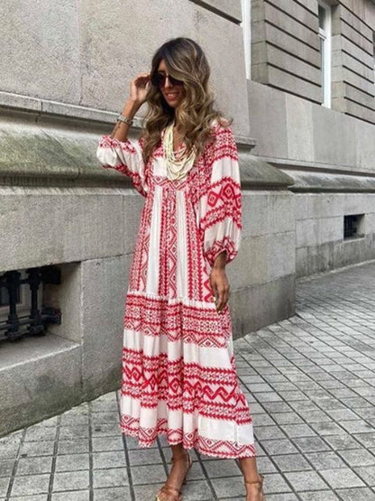 Halve Mouw Vrouwen Losse Jurk Casual Bloemen Gedrukt Vintage Lange Jurken Elegante V Hals Trekkoord Feest Jurk Vestidos Mujer